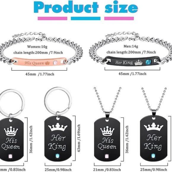 New 12 Pieces Couple Necklace Bracelet Keychain Set Her King His Queen N… - Picture 2 of 5